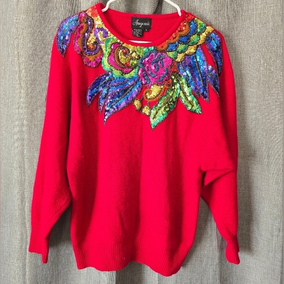 Angenie Lambswool Angora Rabbit Fur Red Sweater Sequined Size S Vintage - Picture 1 of 4